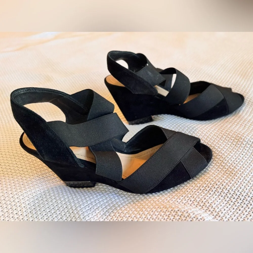 TORY BURCH Debbie Strappy Black Suede Leather Wedge Heels Sandals Women’s Shoes